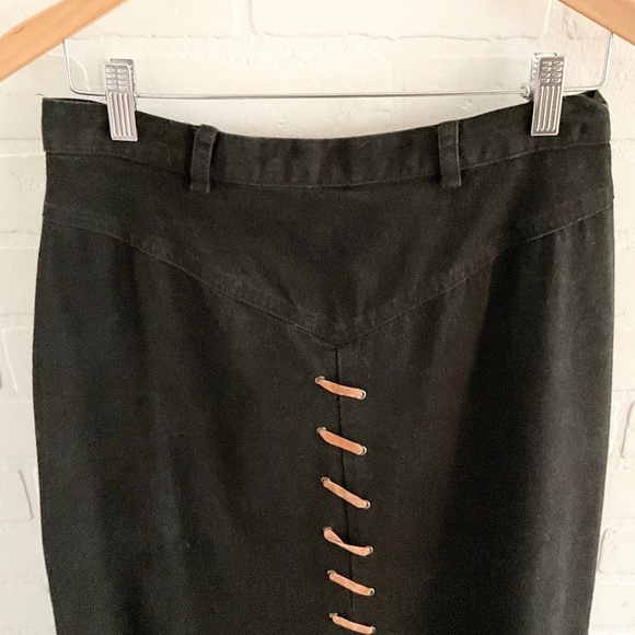 Vintage Maxi Denim Skirt Western Native Black Brown Suede Fringe Trim 12 - Picture 5 of 12